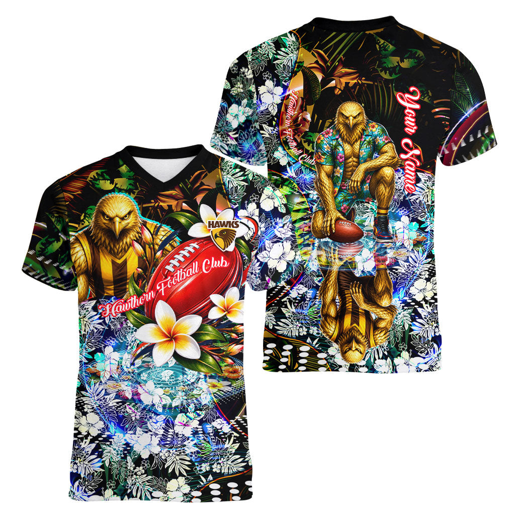 Personalized Hawthorn Football Hawks Women V-Neck T-Shirt Tropical Hibiscus Flowers - Pacific Fusion Style