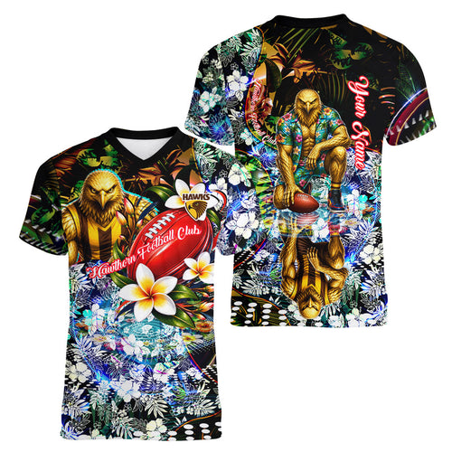 Personalized Hawthorn Football Hawks Women V-Neck T-Shirt Tropical Hibiscus Flowers - Pacific Fusion Style