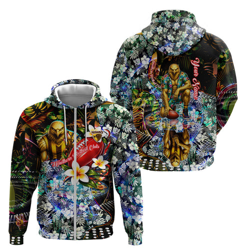 Personalized Hawthorn Football Hawks Zip Hoodie Tropical Hibiscus Flowers - Pacific Fusion Style