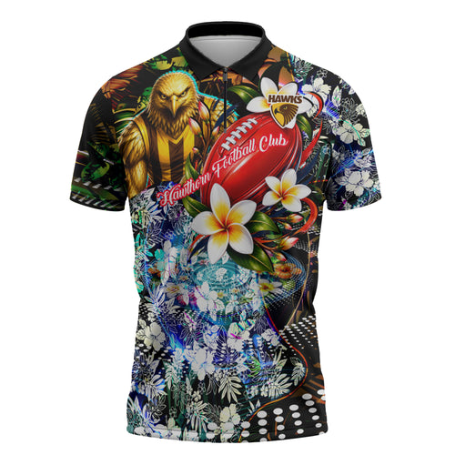 Personalized Hawthorn Football Hawks Zipper Polo Shirt Tropical Hibiscus Flowers - Pacific Fusion Style