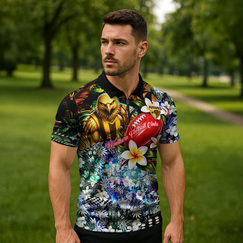 Personalized Hawthorn Football Hawks Zipper Polo Shirt Tropical Hibiscus Flowers - Pacific Fusion Style