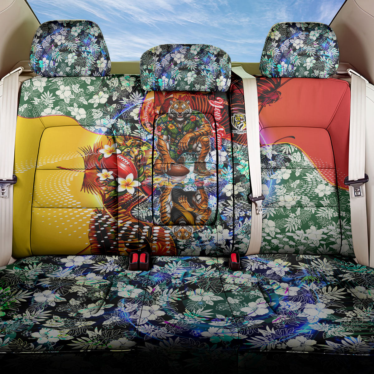 Personalized Richmond Football Tigers Back Car Seat Cover Tropical Hibiscus Flowers - Pacific Fusion Style