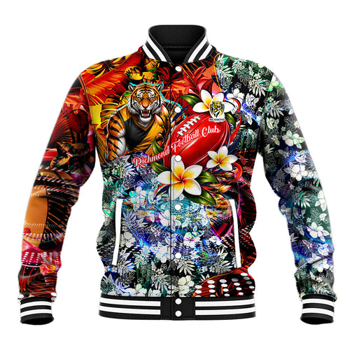 Personalized Richmond Football Tigers Baseball Jacket Tropical Hibiscus Flowers - Pacific Fusion Style