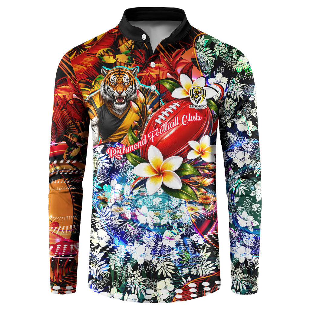 Personalized Richmond Football Tigers Button Sweatshirt Tropical Hibiscus Flowers - Pacific Fusion Style