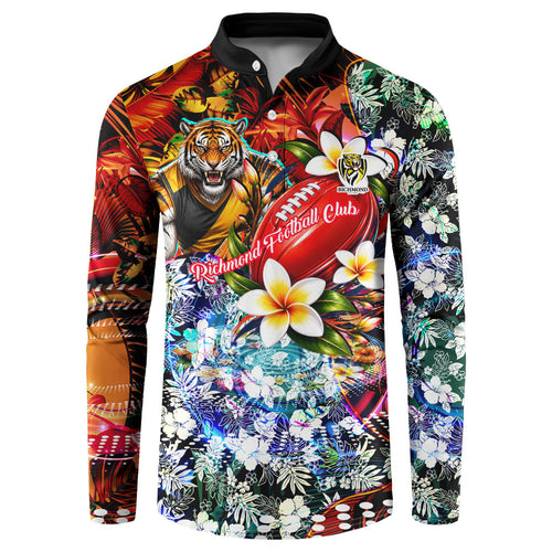 Personalized Richmond Football Tigers Button Sweatshirt Tropical Hibiscus Flowers - Pacific Fusion Style