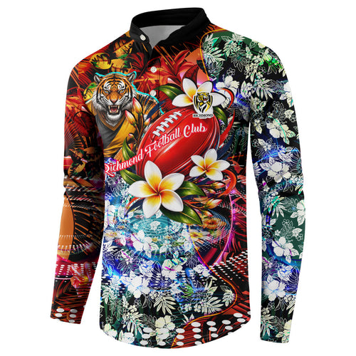 Personalized Richmond Football Tigers Button Sweatshirt Tropical Hibiscus Flowers - Pacific Fusion Style