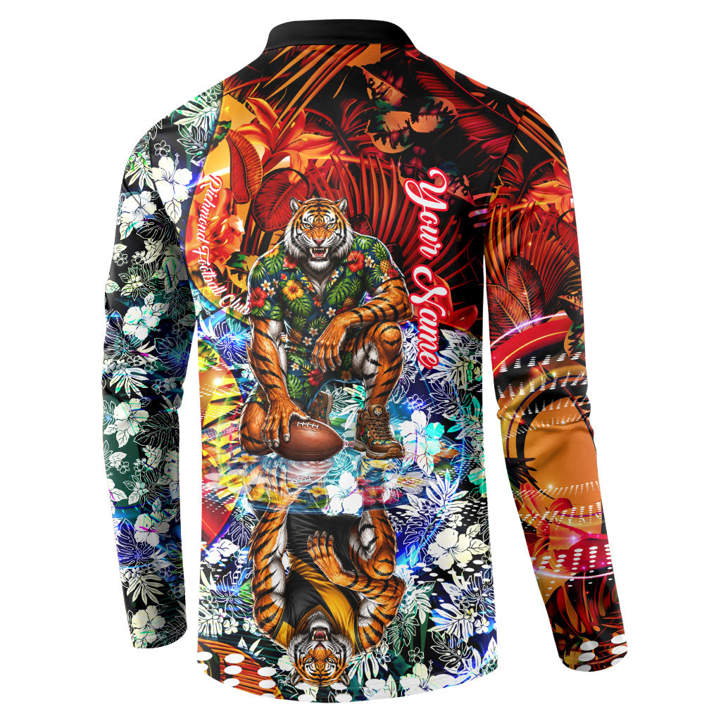 Personalized Richmond Football Tigers Button Sweatshirt Tropical Hibiscus Flowers - Pacific Fusion Style