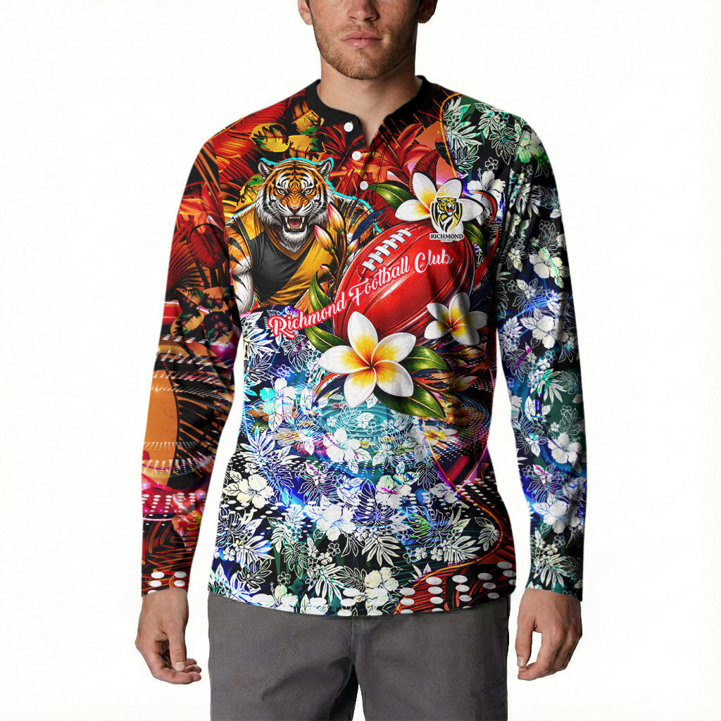 Personalized Richmond Football Tigers Button Sweatshirt Tropical Hibiscus Flowers - Pacific Fusion Style