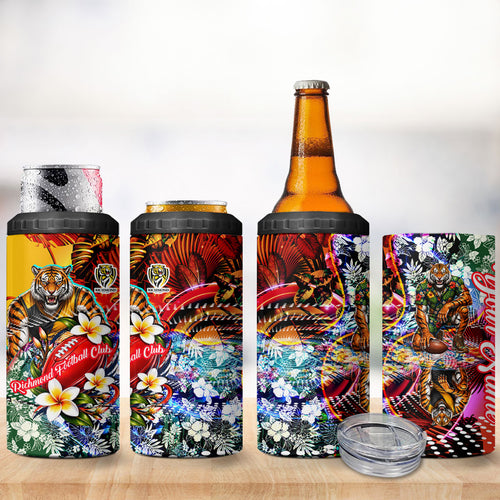 Personalized Richmond Football Tigers 4 in 1 Can Cooler Tumbler Tropical Hibiscus Flowers - Pacific Fusion Style