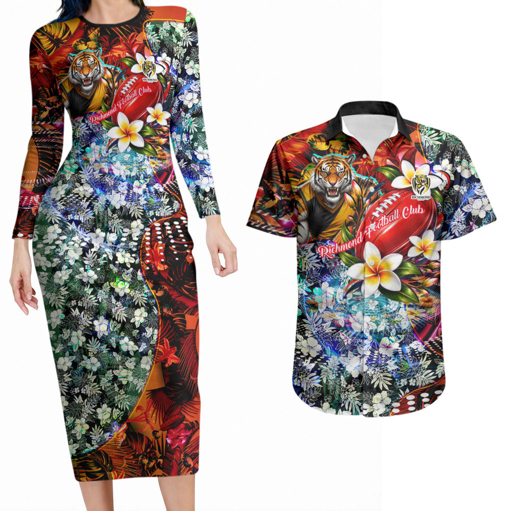 Personalized Richmond Football Tigers Couples Matching Long Sleeve Bodycon Dress and Hawaiian Shirt Tropical Hibiscus Flowers - Pacific Fusion Style