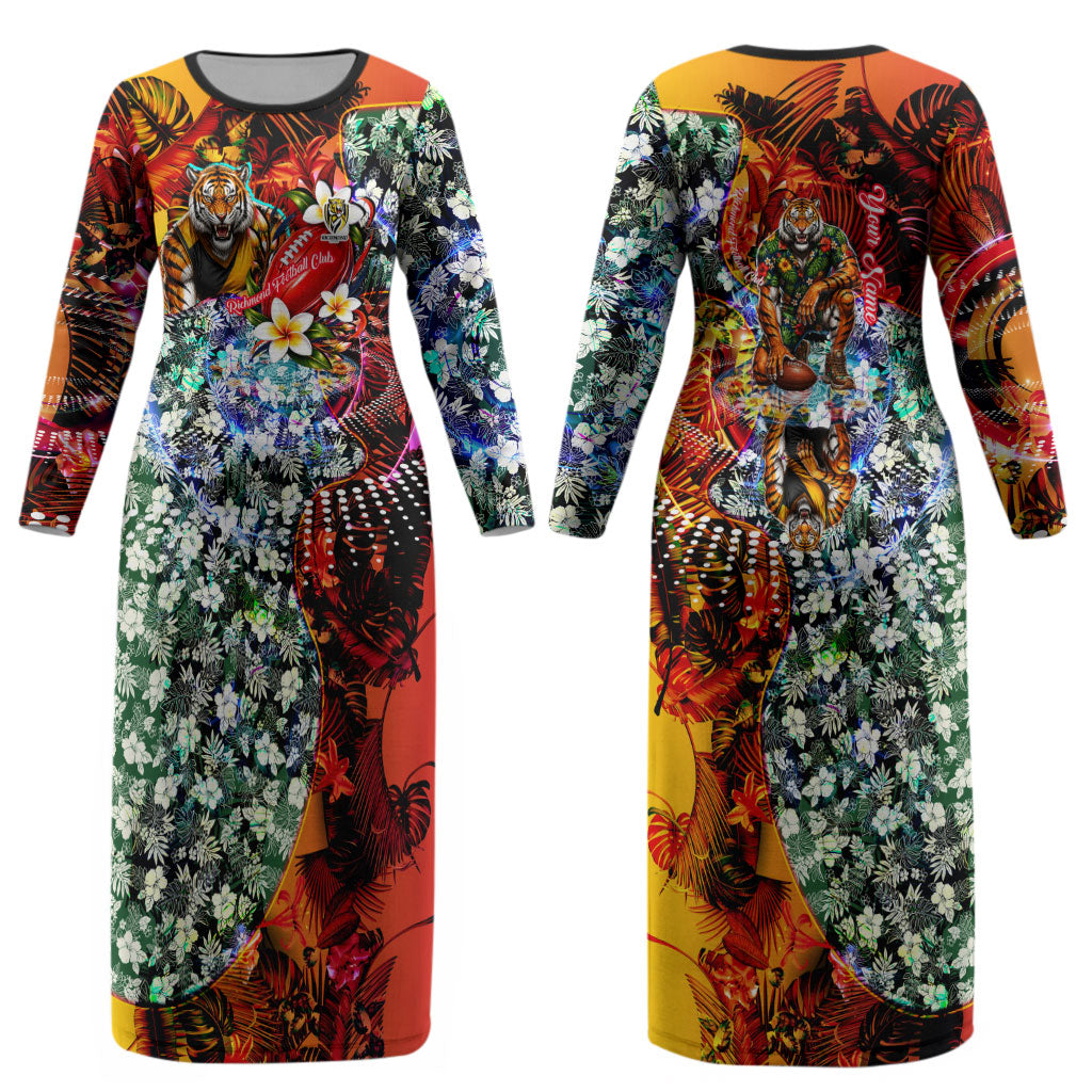 Personalized Richmond Football Tigers Couples Matching Long Sleeve Bodycon Dress and Hawaiian Shirt Tropical Hibiscus Flowers - Pacific Fusion Style