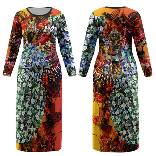 Personalized Richmond Football Tigers Couples Matching Long Sleeve Bodycon Dress and Hawaiian Shirt Tropical Hibiscus Flowers - Pacific Fusion Style