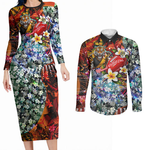 Personalized Richmond Football Tigers Couples Matching Long Sleeve Bodycon Dress and Long Sleeve Button Shirt Tropical Hibiscus Flowers - Pacific Fusion Style