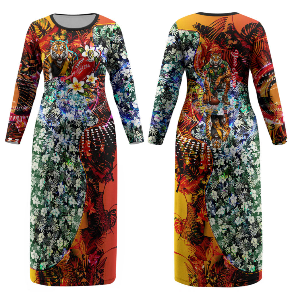 Personalized Richmond Football Tigers Couples Matching Long Sleeve Bodycon Dress and Long Sleeve Button Shirt Tropical Hibiscus Flowers - Pacific Fusion Style