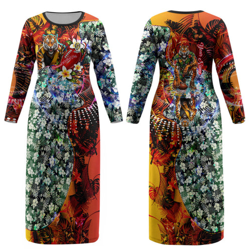 Personalized Richmond Football Tigers Couples Matching Long Sleeve Bodycon Dress and Long Sleeve Button Shirt Tropical Hibiscus Flowers - Pacific Fusion Style