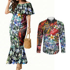 Personalized Richmond Football Tigers Couples Matching Mermaid Dress and Long Sleeve Button Shirt Tropical Hibiscus Flowers - Pacific Fusion Style