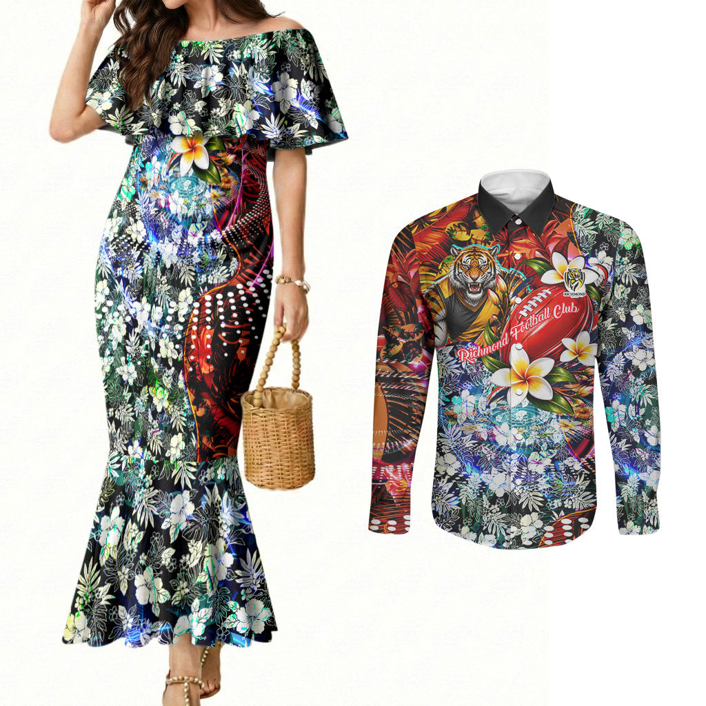 Personalized Richmond Football Tigers Couples Matching Mermaid Dress and Long Sleeve Button Shirt Tropical Hibiscus Flowers - Pacific Fusion Style