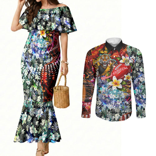 Personalized Richmond Football Tigers Couples Matching Mermaid Dress and Long Sleeve Button Shirt Tropical Hibiscus Flowers - Pacific Fusion Style