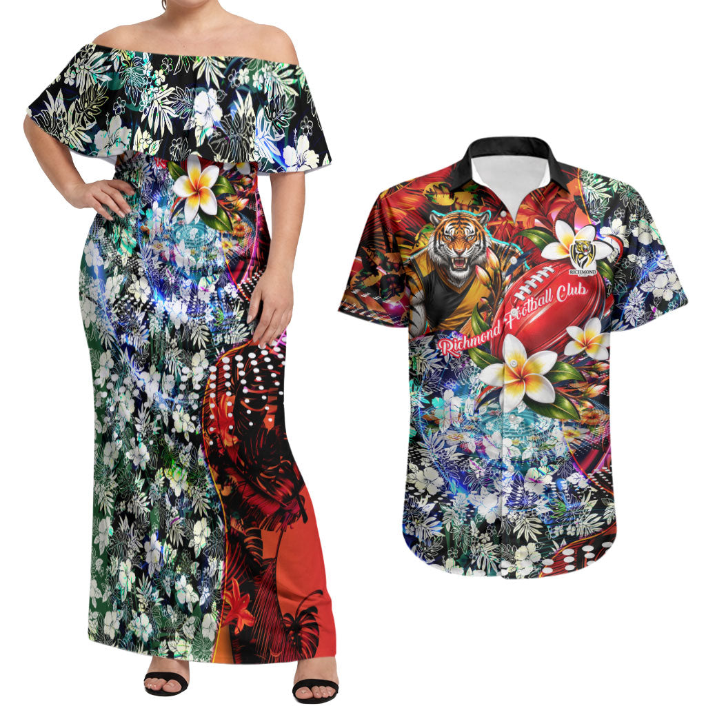 Personalized Richmond Football Tigers Couples Matching Off Shoulder Maxi Dress and Hawaiian Shirt Tropical Hibiscus Flowers - Pacific Fusion Style