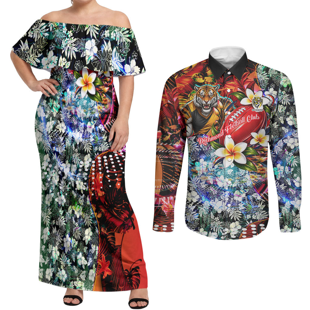 Personalized Richmond Football Tigers Couples Matching Off Shoulder Maxi Dress and Long Sleeve Button Shirt Tropical Hibiscus Flowers - Pacific Fusion Style