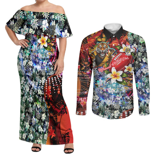 Personalized Richmond Football Tigers Couples Matching Off Shoulder Maxi Dress and Long Sleeve Button Shirt Tropical Hibiscus Flowers - Pacific Fusion Style