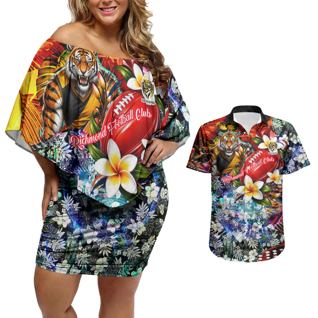 Personalized Richmond Football Tigers Couples Matching Off Shoulder Short Dress and Hawaiian Shirt Tropical Hibiscus Flowers - Pacific Fusion Style
