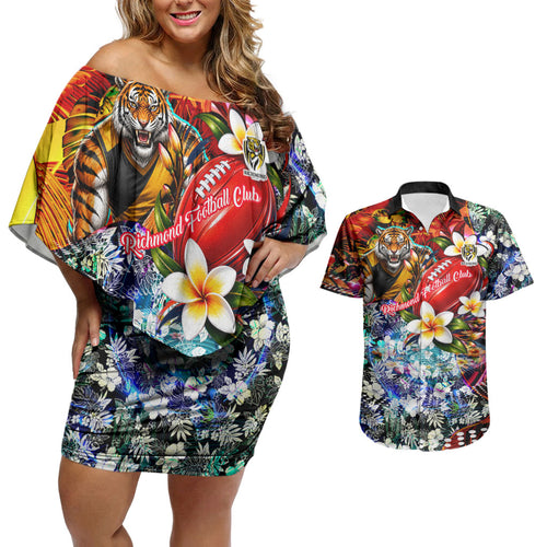 Personalized Richmond Football Tigers Couples Matching Off Shoulder Short Dress and Hawaiian Shirt Tropical Hibiscus Flowers - Pacific Fusion Style