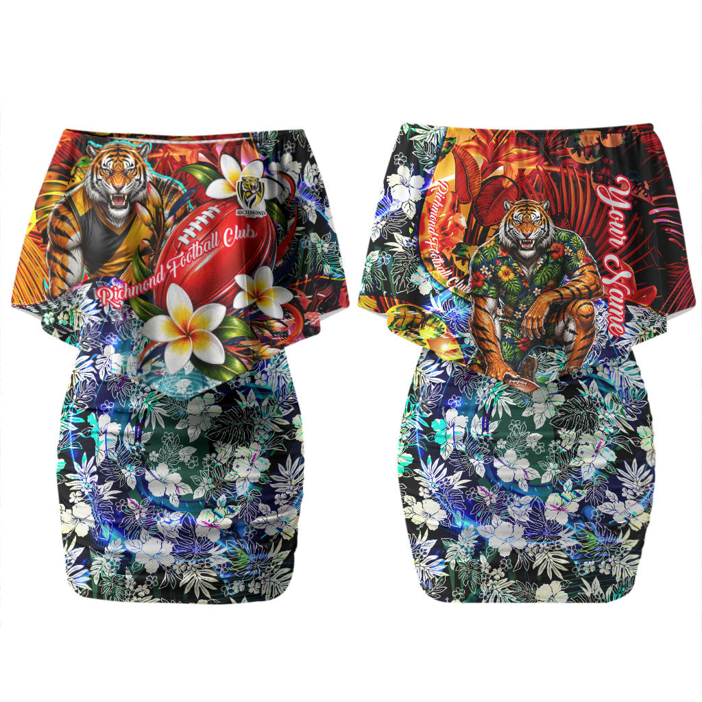Personalized Richmond Football Tigers Couples Matching Off Shoulder Short Dress and Hawaiian Shirt Tropical Hibiscus Flowers - Pacific Fusion Style