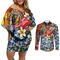 Personalized Richmond Football Tigers Couples Matching Off Shoulder Short Dress and Long Sleeve Button Shirt Tropical Hibiscus Flowers - Pacific Fusion Style