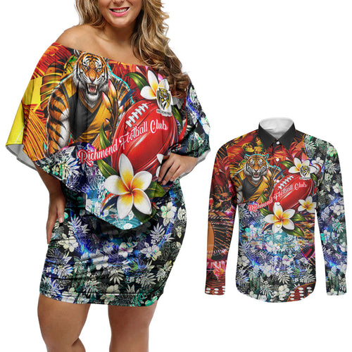 Personalized Richmond Football Tigers Couples Matching Off Shoulder Short Dress and Long Sleeve Button Shirt Tropical Hibiscus Flowers - Pacific Fusion Style