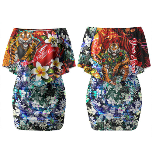 Personalized Richmond Football Tigers Couples Matching Off Shoulder Short Dress and Long Sleeve Button Shirt Tropical Hibiscus Flowers - Pacific Fusion Style