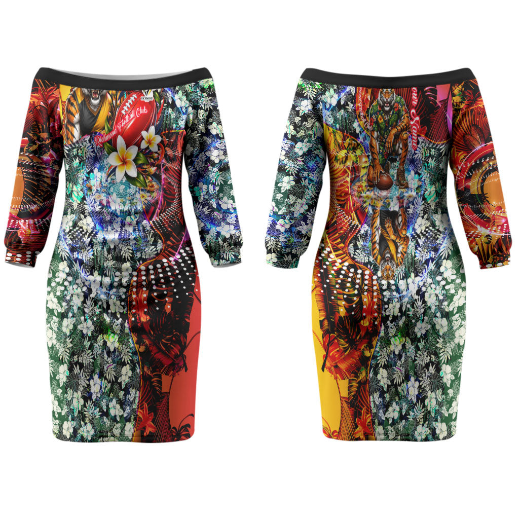 Personalized Richmond Football Tigers Couples Matching Off The Shoulder Long Sleeve Dress and Hawaiian Shirt Tropical Hibiscus Flowers - Pacific Fusion Style