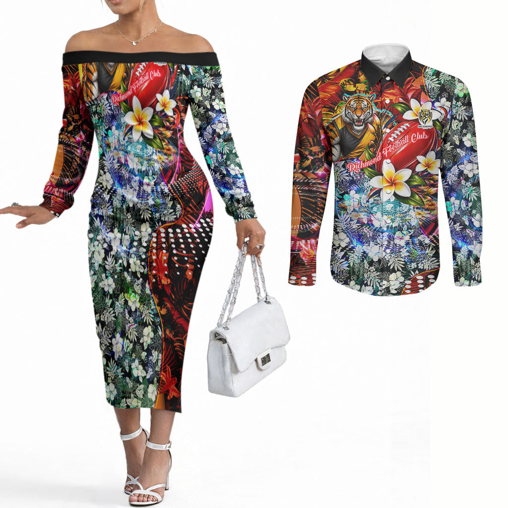 Personalized Richmond Football Tigers Couples Matching Off The Shoulder Long Sleeve Dress and Long Sleeve Button Shirt Tropical Hibiscus Flowers - Pacific Fusion Style
