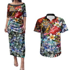 Personalized Richmond Football Tigers Couples Matching Puletasi and Hawaiian Shirt Tropical Hibiscus Flowers - Pacific Fusion Style