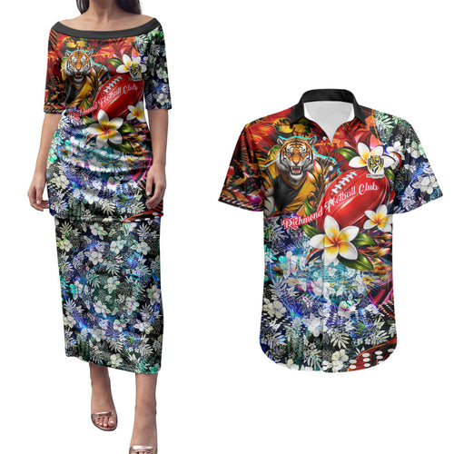 Personalized Richmond Football Tigers Couples Matching Puletasi and Hawaiian Shirt Tropical Hibiscus Flowers - Pacific Fusion Style