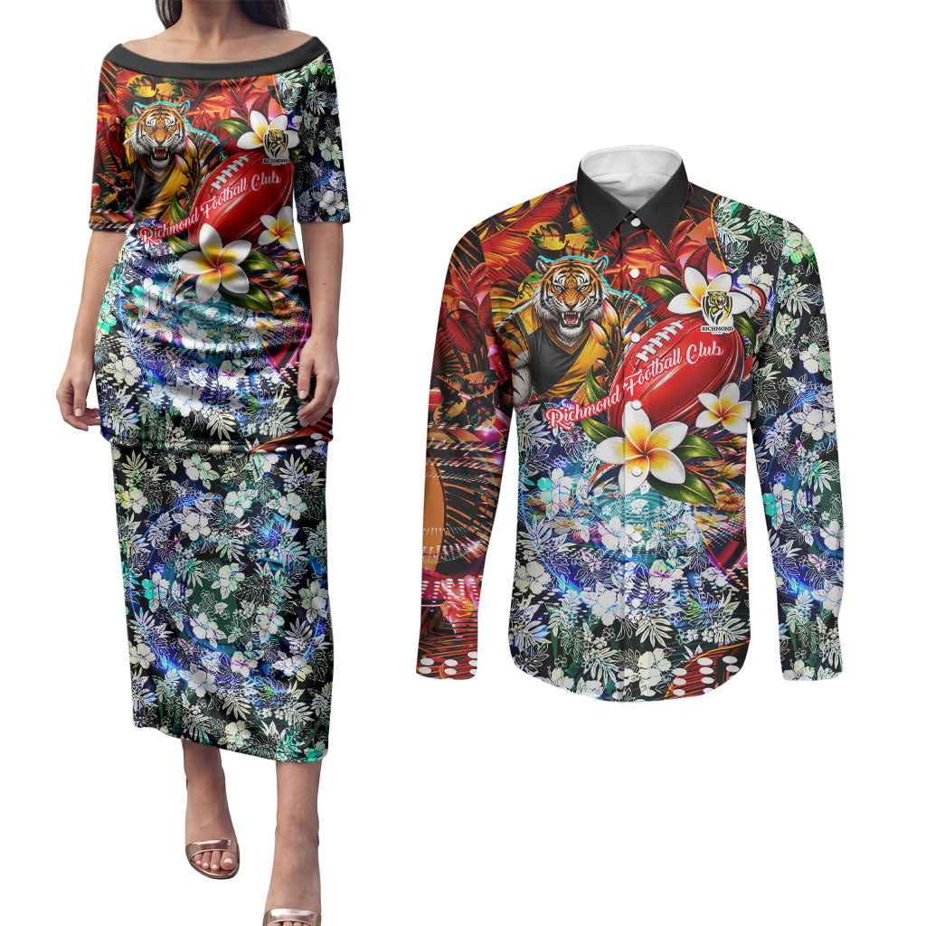 Personalized Richmond Football Tigers Couples Matching Puletasi and Long Sleeve Button Shirt Tropical Hibiscus Flowers - Pacific Fusion Style