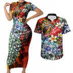 Personalized Richmond Football Tigers Couples Matching Short Sleeve Bodycon Dress and Hawaiian Shirt Tropical Hibiscus Flowers - Pacific Fusion Style