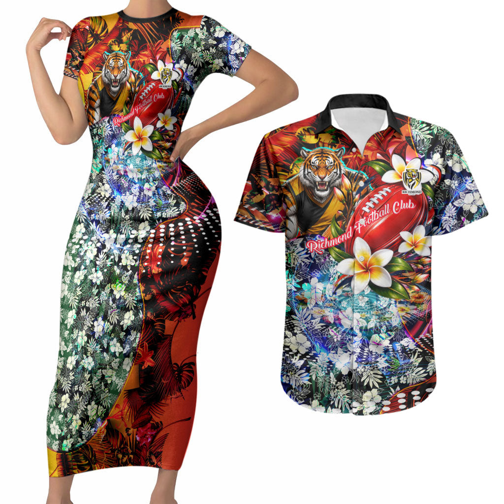 Personalized Richmond Football Tigers Couples Matching Short Sleeve Bodycon Dress and Hawaiian Shirt Tropical Hibiscus Flowers - Pacific Fusion Style