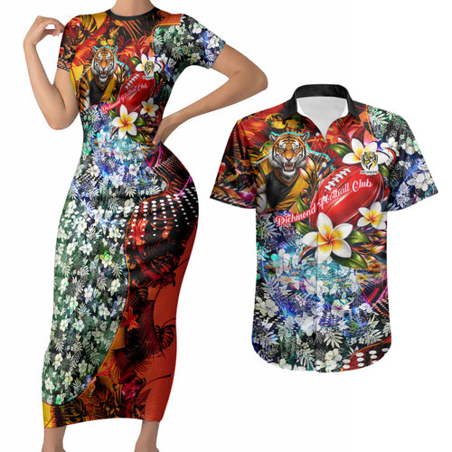 Personalized Richmond Football Tigers Couples Matching Short Sleeve Bodycon Dress and Hawaiian Shirt Tropical Hibiscus Flowers - Pacific Fusion Style