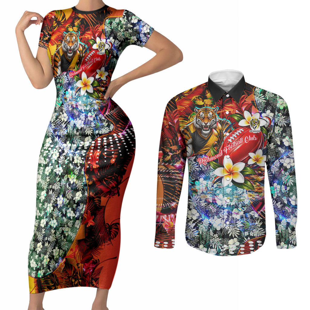 Personalized Richmond Football Tigers Couples Matching Short Sleeve Bodycon Dress and Long Sleeve Button Shirt Tropical Hibiscus Flowers - Pacific Fusion Style