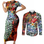 Personalized Richmond Football Tigers Couples Matching Short Sleeve Bodycon Dress and Long Sleeve Button Shirt Tropical Hibiscus Flowers - Pacific Fusion Style