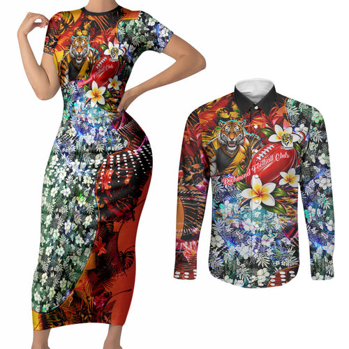Personalized Richmond Football Tigers Couples Matching Short Sleeve Bodycon Dress and Long Sleeve Button Shirt Tropical Hibiscus Flowers - Pacific Fusion Style