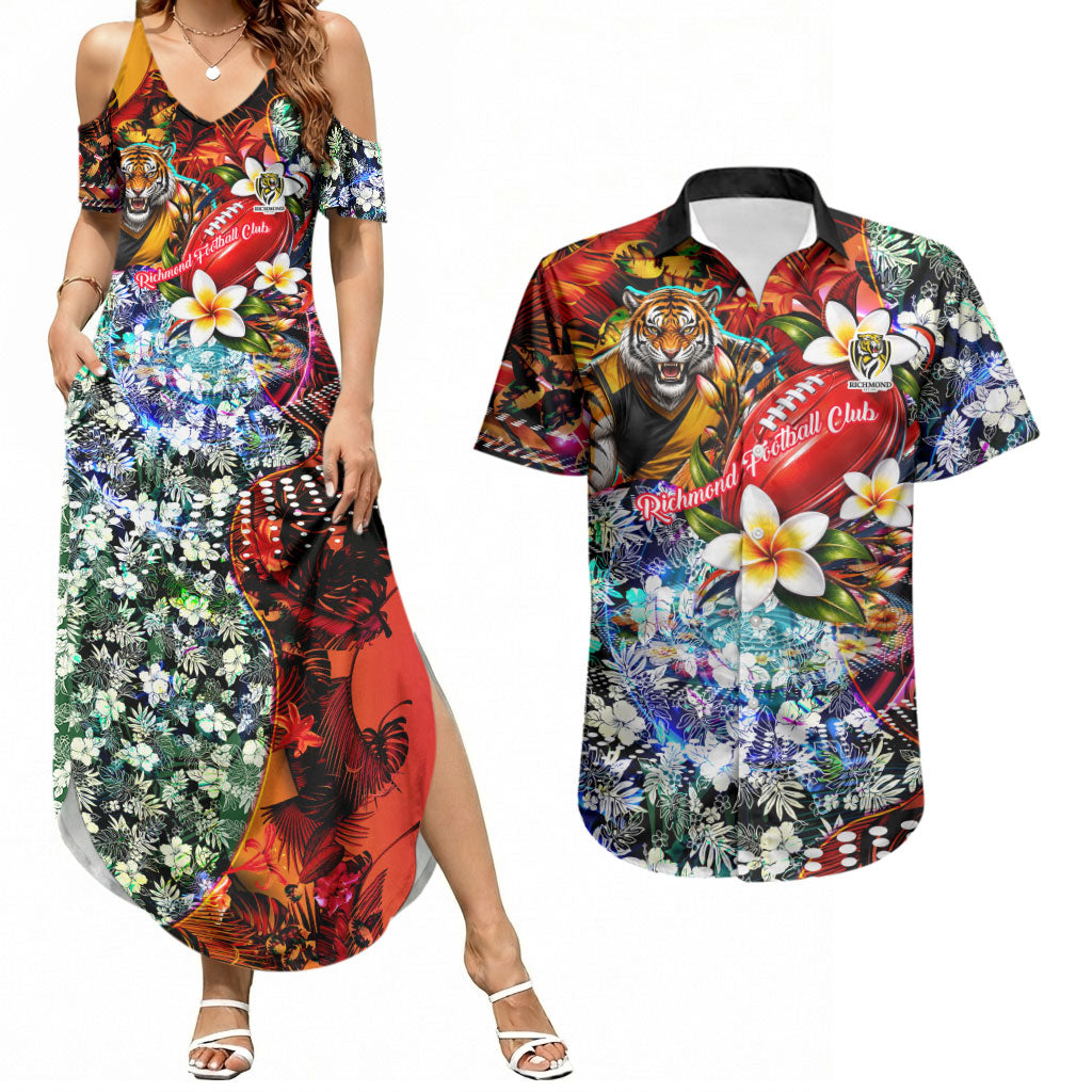 Personalized Richmond Football Tigers Couples Matching Summer Maxi Dress and Hawaiian Shirt Tropical Hibiscus Flowers - Pacific Fusion Style