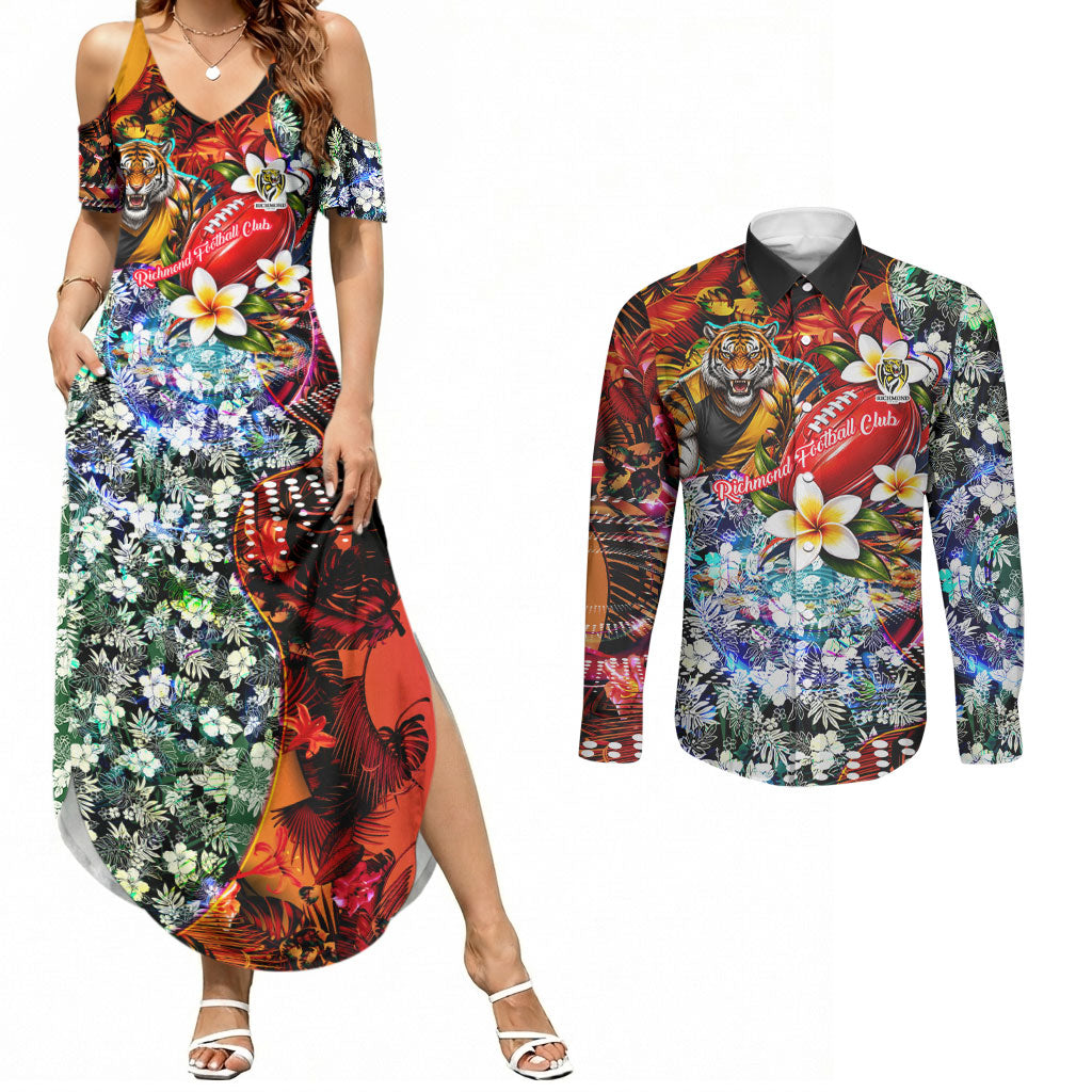 Personalized Richmond Football Tigers Couples Matching Summer Maxi Dress and Long Sleeve Button Shirt Tropical Hibiscus Flowers - Pacific Fusion Style