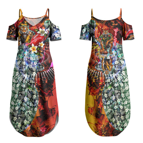Personalized Richmond Football Tigers Couples Matching Summer Maxi Dress and Long Sleeve Button Shirt Tropical Hibiscus Flowers - Pacific Fusion Style