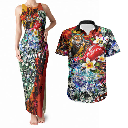 Personalized Richmond Football Tigers Couples Matching Tank Maxi Dress and Hawaiian Shirt Tropical Hibiscus Flowers - Pacific Fusion Style