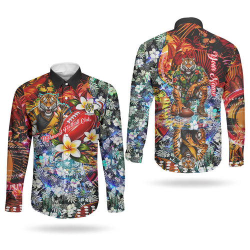 Personalized Richmond Football Tigers Couples Matching Tank Maxi Dress and Long Sleeve Button Shirt Tropical Hibiscus Flowers - Pacific Fusion Style