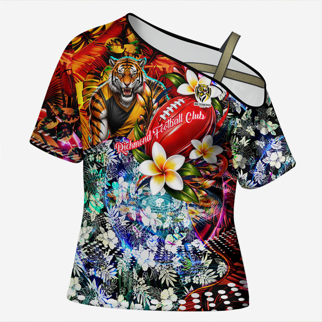 Personalized Richmond Football Tigers Cross Shoulder Shirt Tropical Hibiscus Flowers - Pacific Fusion Style