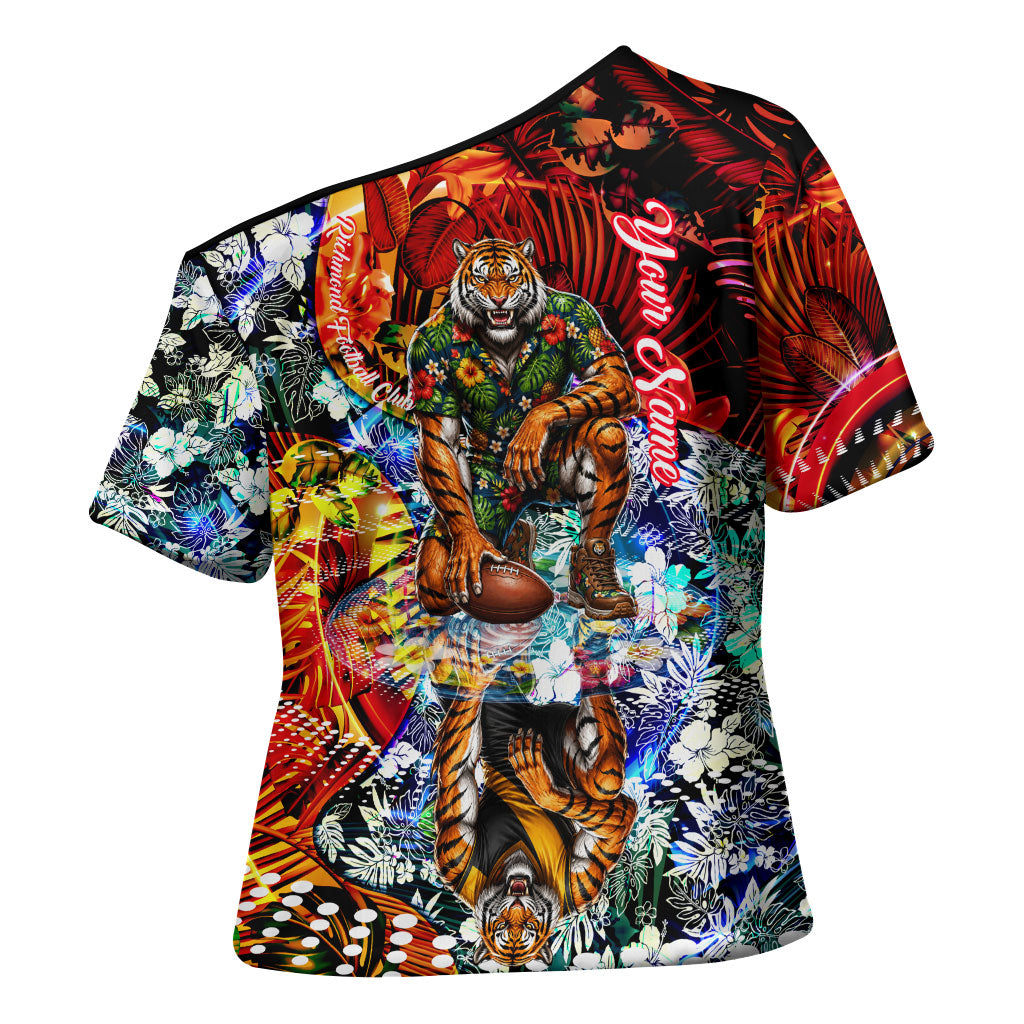 Personalized Richmond Football Tigers Cross Shoulder Shirt Tropical Hibiscus Flowers - Pacific Fusion Style