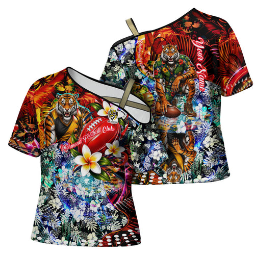 Personalized Richmond Football Tigers Cross Shoulder Shirt Tropical Hibiscus Flowers - Pacific Fusion Style